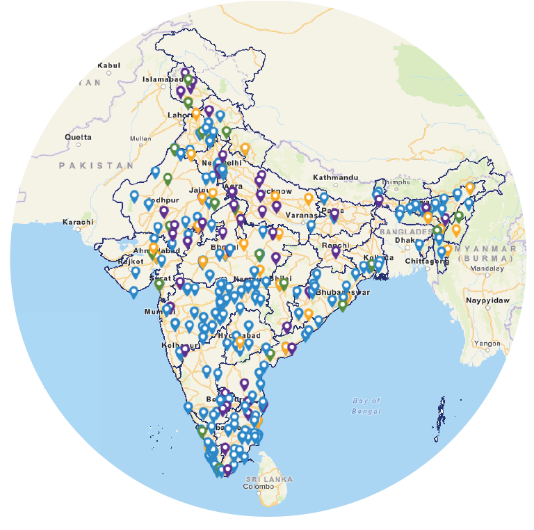 A map of India marked with numerous location pointers indicating various locations or points of interest across the country